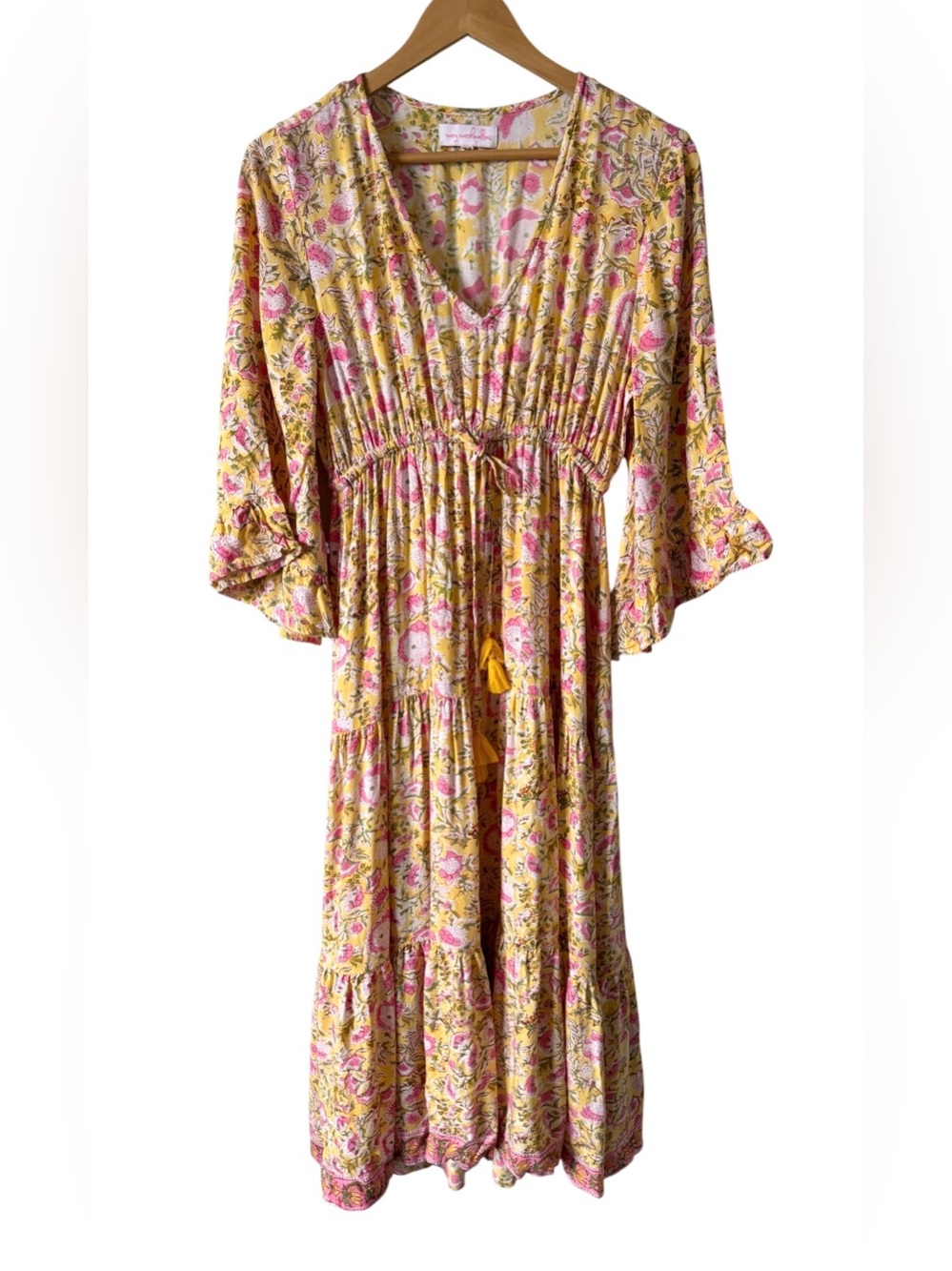 Mary Marshmallow Cotton Boho Floral Dress Yellow Pink XS Peasant